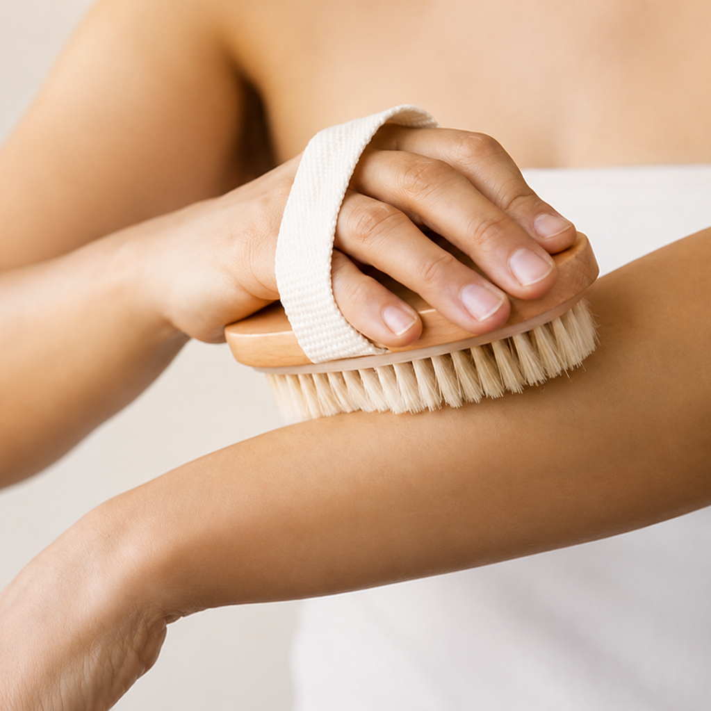 A close-up of a person using a natural wood body brush with a white fabric strap to brush their upper arm, set against a soft neutral background.